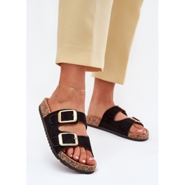 Dámské žabky s ekologickými semišovými zlatými spony černé spony černá 2 Dámské žabky s ekologickými semišovými zlatými spony černé spony černá 2