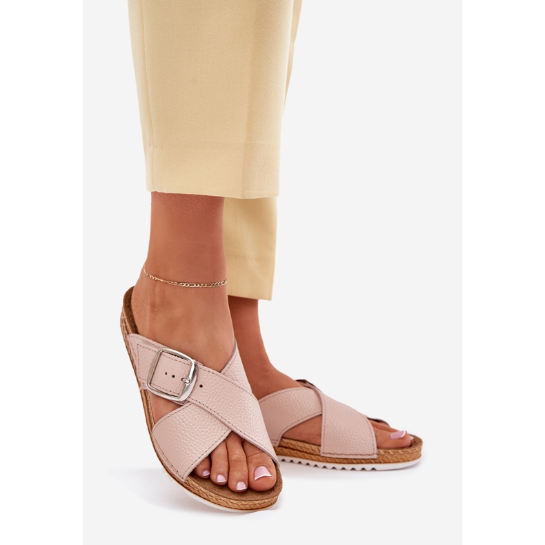 Dámské kožené pantofle s inblu vo0004gu přezkou růžovou růžový 1