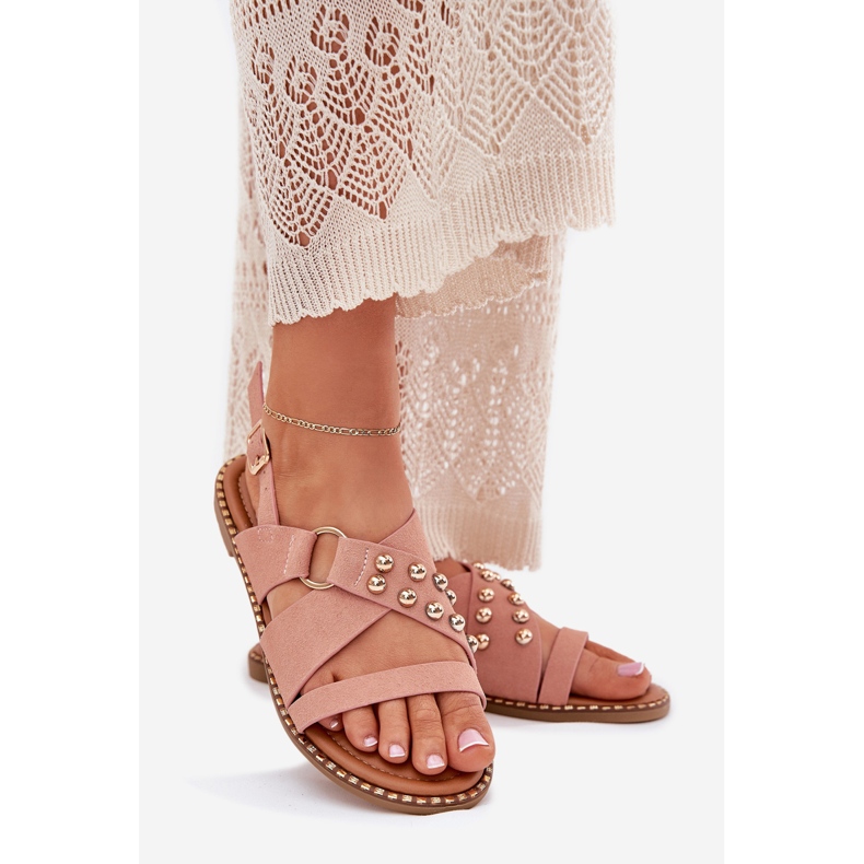 Dámské sandály s plochou se zlatými čepy růžové růžový 1 Dámské sandály s plochou se zlatými čepy růžové růžový 1