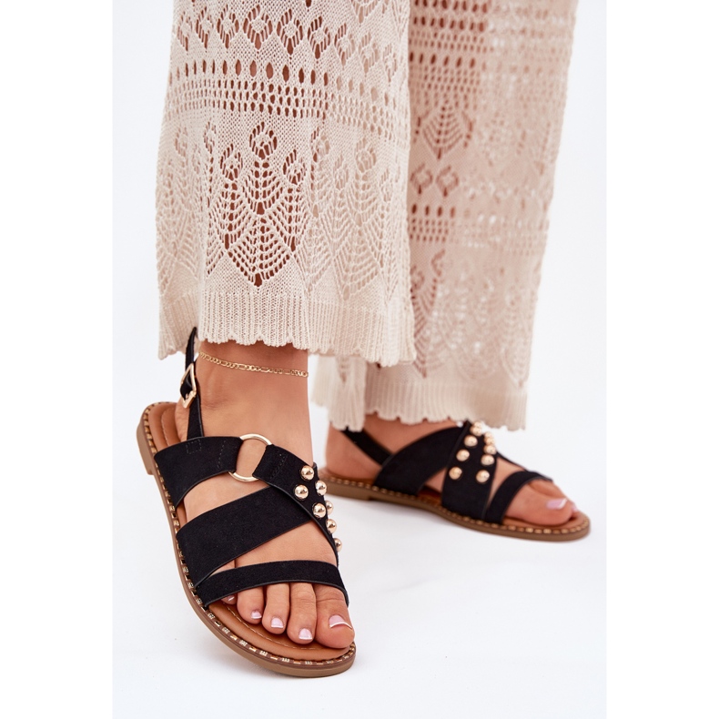 Dámské sandály s plochou se zlatými čepy černé černá 2