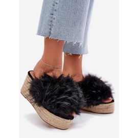 Dámské žabky s klínem s kožešinou a černou černou černá 1