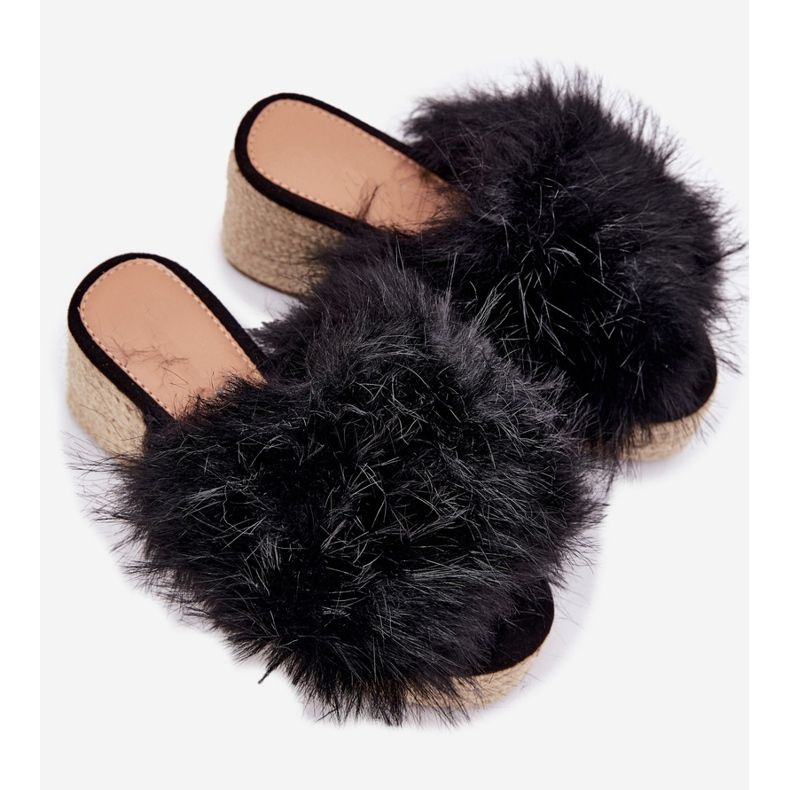 Dámské žabky s klínem s kožešinou a černou černou černá 2