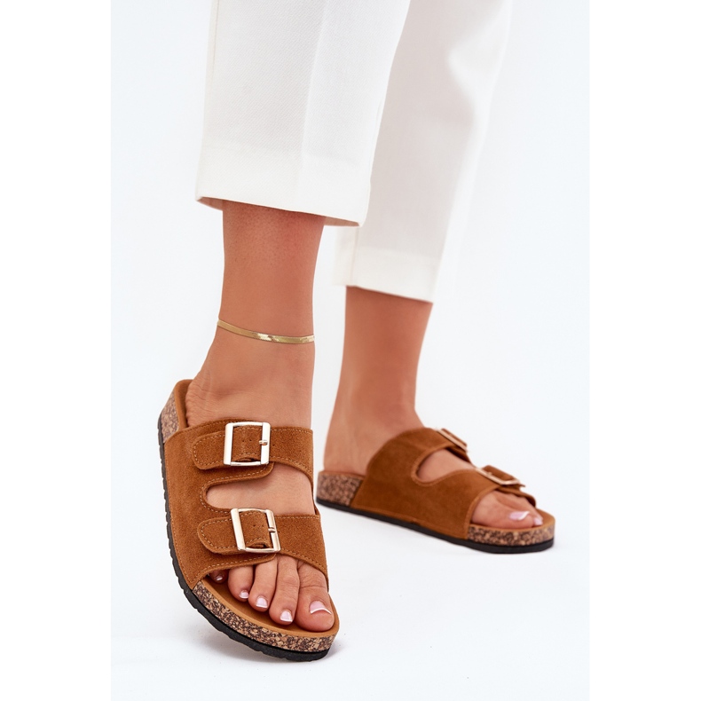 Boto Dámské žabky se zlatými svorkami a šití velblouda hnědý 2