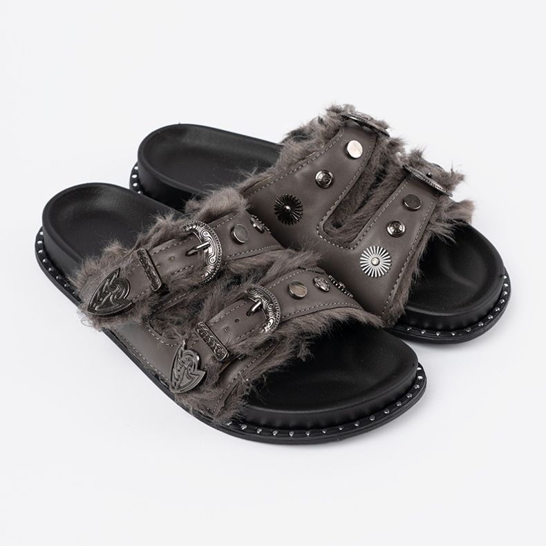 Shelvt Šedé žabky s kožešinami a čepy šedá 2 Shelvt Šedé žabky s kožešinami a čepy šedá 2