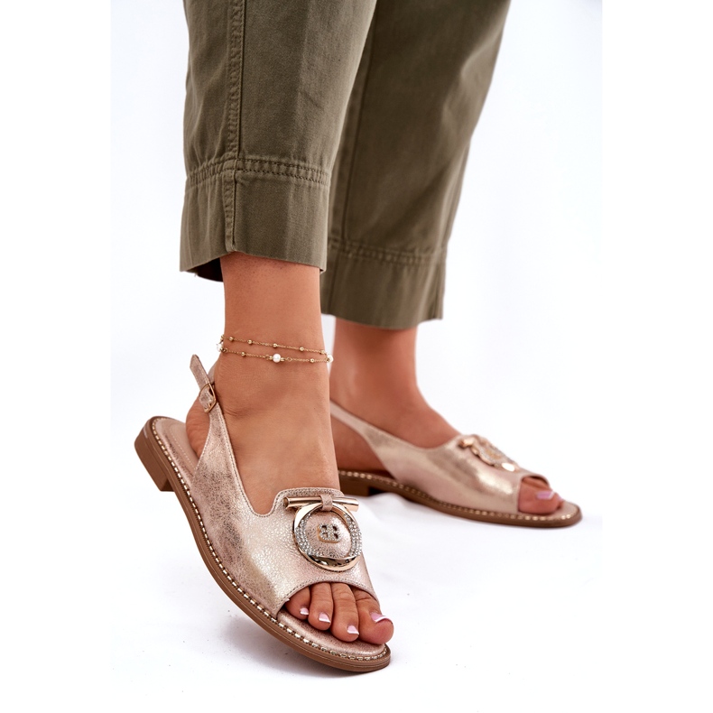 Elegantní dámské sandály s dekorací s plochým podpatkem S.Barski KV51-003 Pink Gold zlatý 2