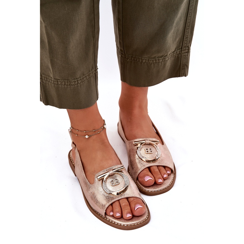 Elegantní dámské sandály s dekorací s plochým podpatkem S.Barski KV51-003 Pink Gold zlatý 4