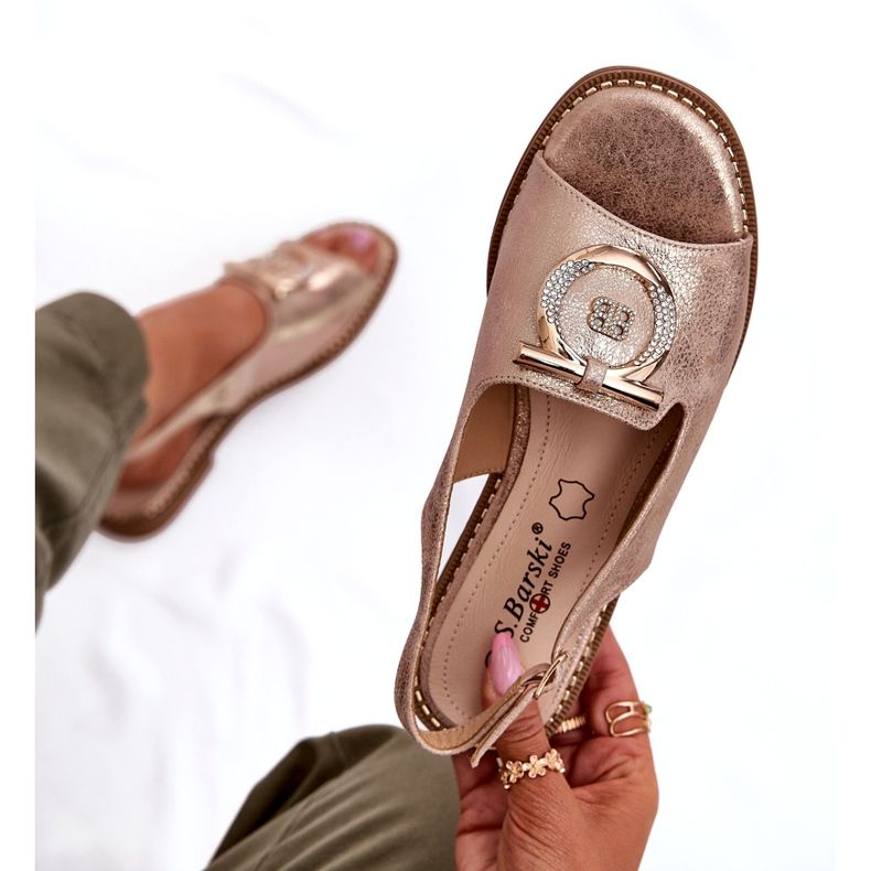 Elegantní dámské sandály s dekorací s plochým podpatkem S.Barski KV51-003 Pink Gold zlatý 5