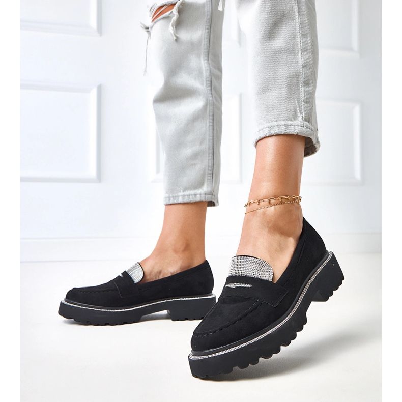 Černé ekozamszu mokasíny zdobené krychlovým zirkonia Kloorenem černá 2