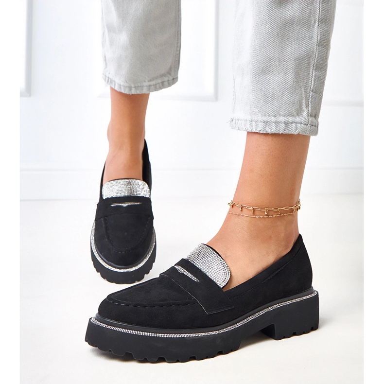 Černé ekozamszu mokasíny zdobené krychlovým zirkonia Kloorenem černá 1