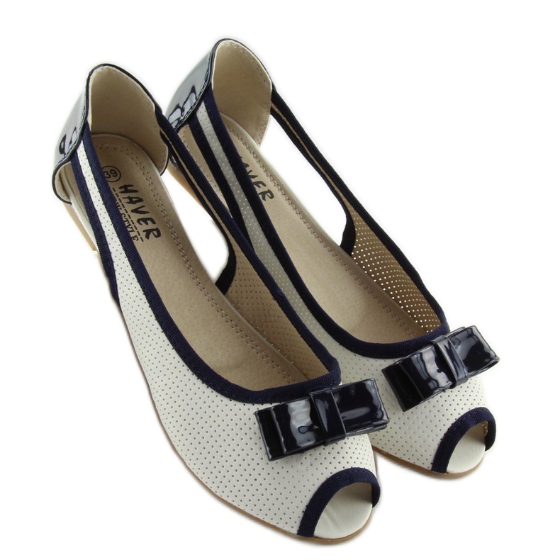 Bílé baleríny s otevřenou špičkou D314 WHITE / NAVY bílý 1