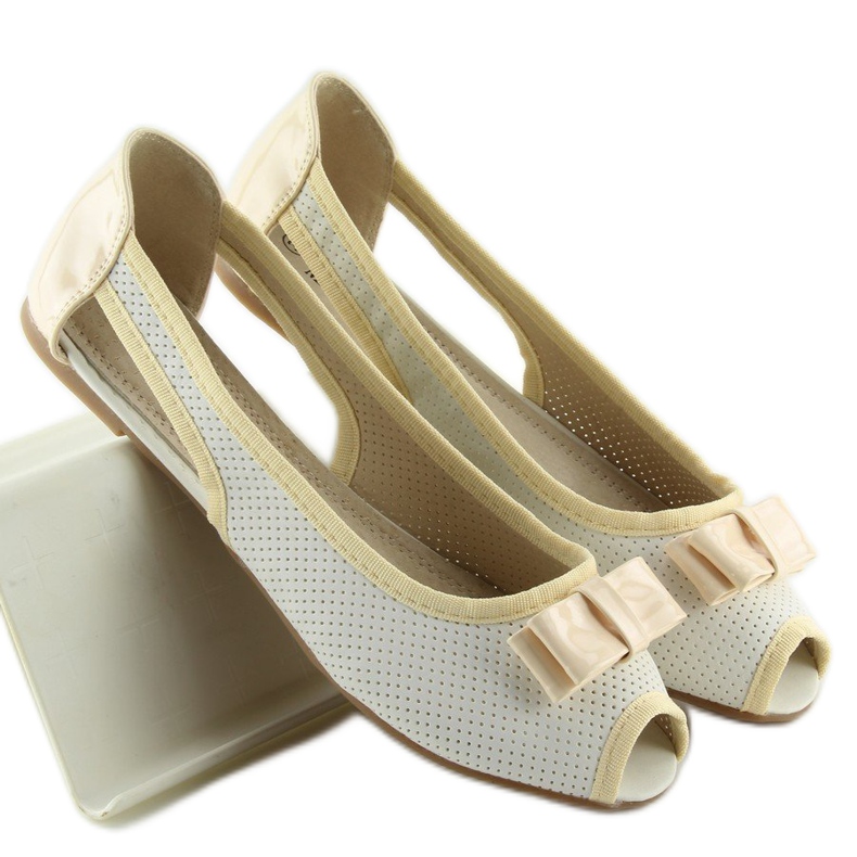 Bílé baleríny s otevřenou špičkou D314 WHITE / L.BEIGE / L.BEIGE bílý hnědý 1