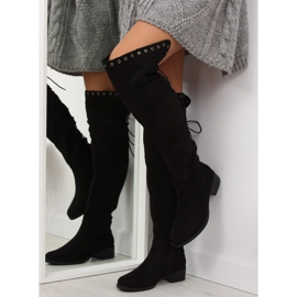 Černé ploché stehenní boty LS182 černý 2