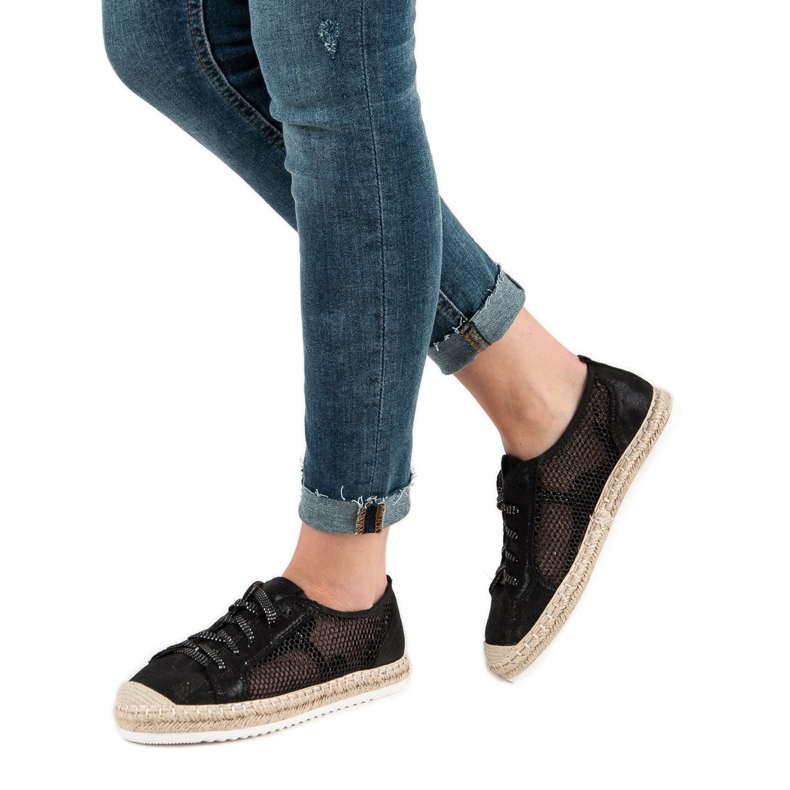 Queentina Šněrovací espadrilky se síťovinou černý 2