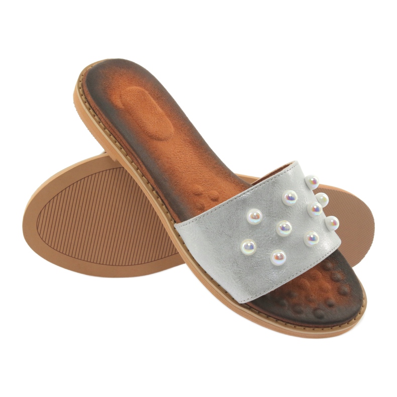 M.Daszyński Dámské flip -flops 1837 zdobené šedými perlami šedá 4