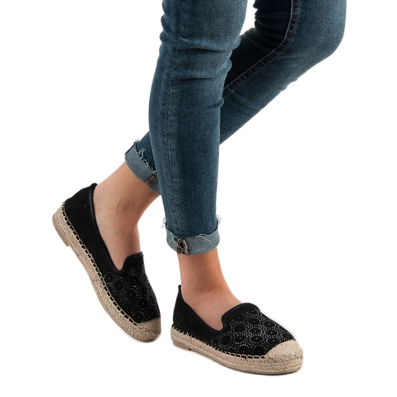 SHELOVET Semišové prolamované espadrilky černý 2