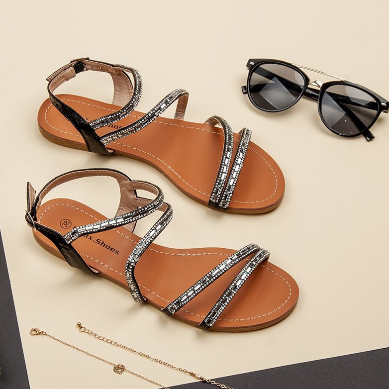 L. Lux. Shoes Ploché sandály s kubickým zirkonem černá 2