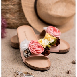 SHELOVET Semišové pantofle s květinami růžový 1