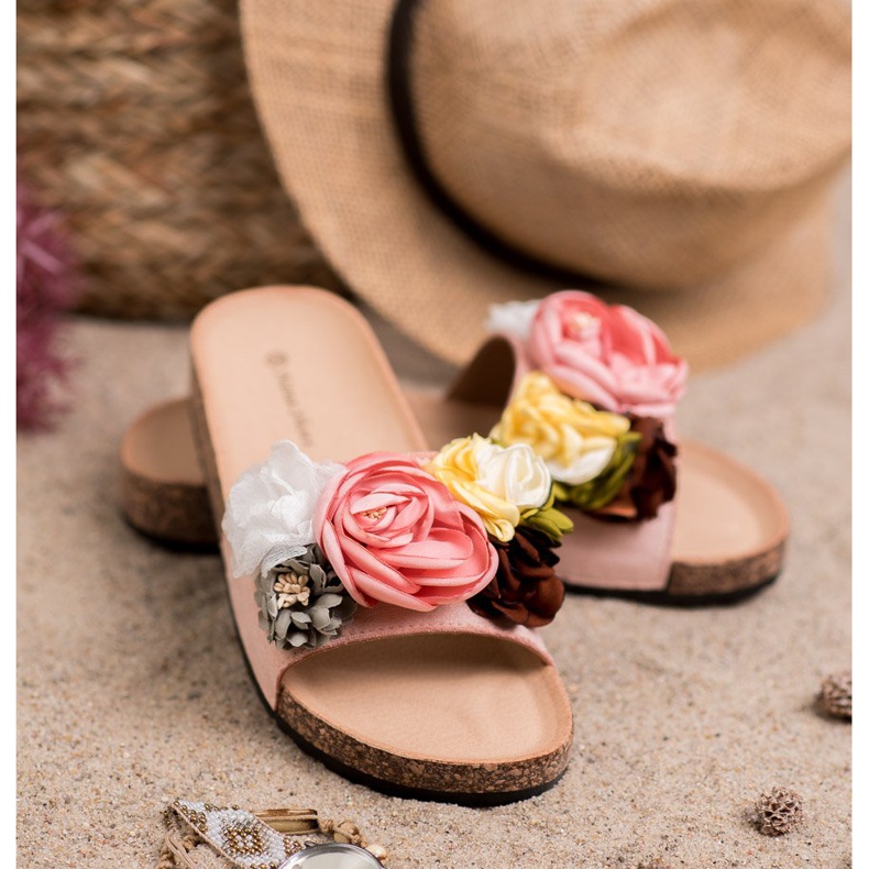 SHELOVET Semišové pantofle s květinami růžový 1