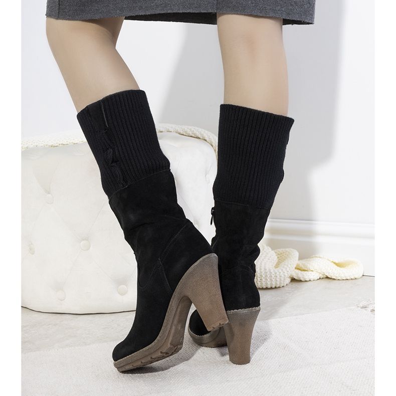 Černé semišové kozačky na vysokém podpatku 9A0956 černá 1