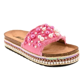 Růžové zdobené pantofle 1035 perel růžový 1