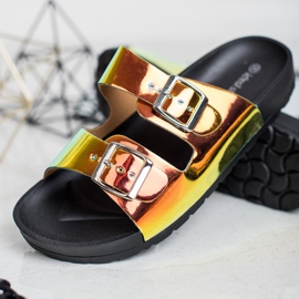Ideal Shoes Pantofle Holo Buckle žluť 2