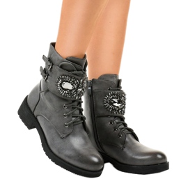 Šedé dámské kozačky se sponou a diamanty 0-251 šedá 1