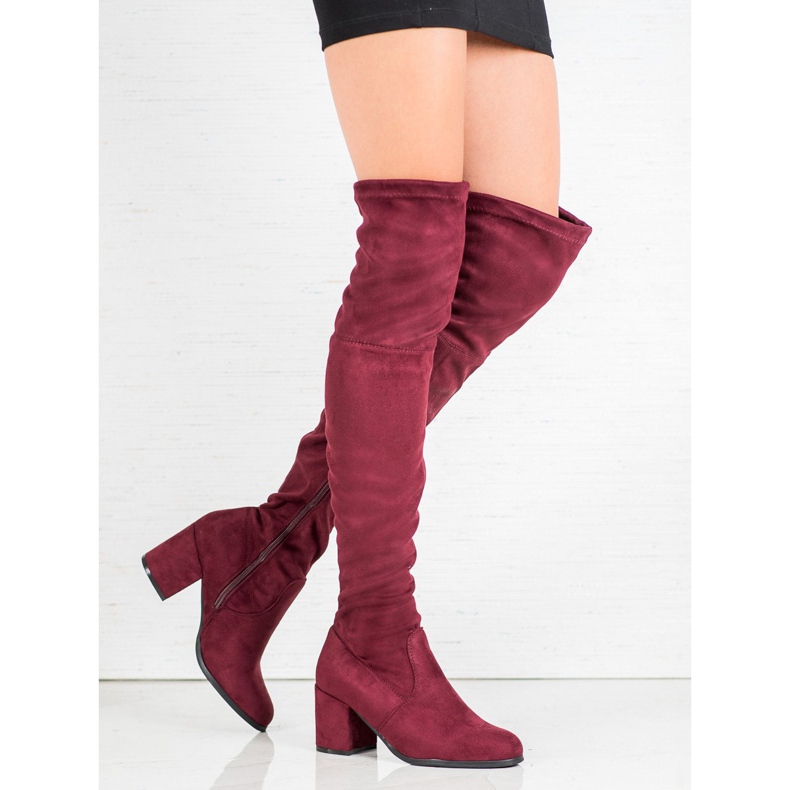 Ideal Shoes Semišové stehenní boty červené 2