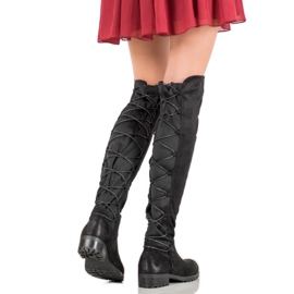 Forever Folie Semišové stehenní kozačky s vázáním černá 2