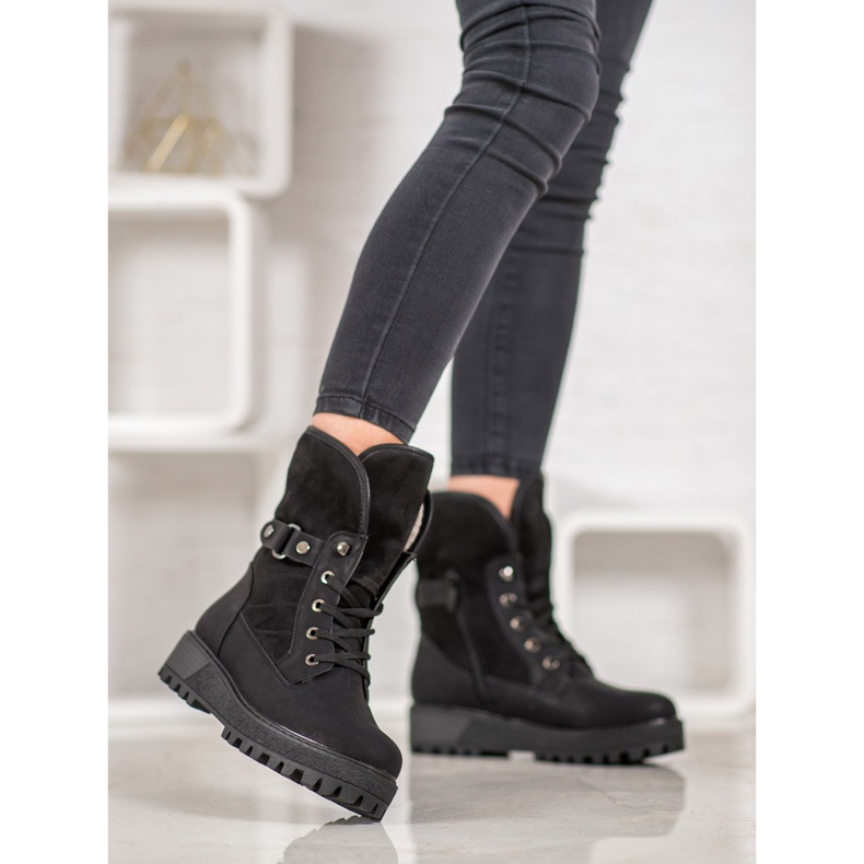 SHELOVET Šněrovací boty s ovčí kůží černá 2