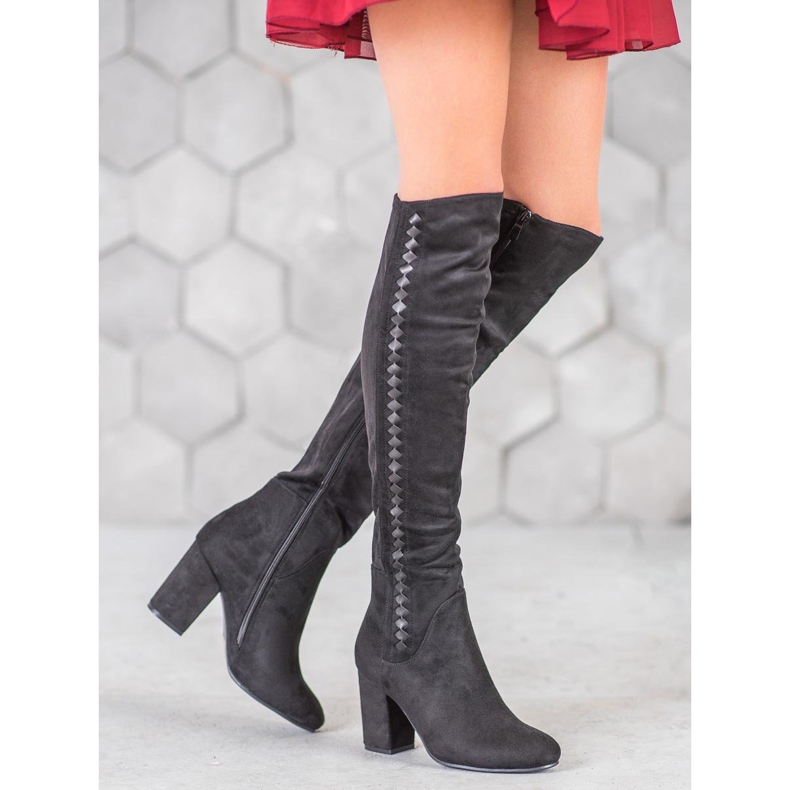 SDS Semišové kozačky na vysokém podpatku černá 1