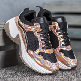 SHELOVET Módní tenisky s efektem Holo černá žlutá 2