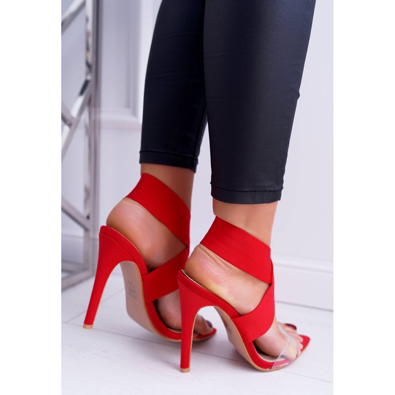 L.DAY Dámské sandály na vysokém podpatku s červeným světlem se širokým páskem červené 2