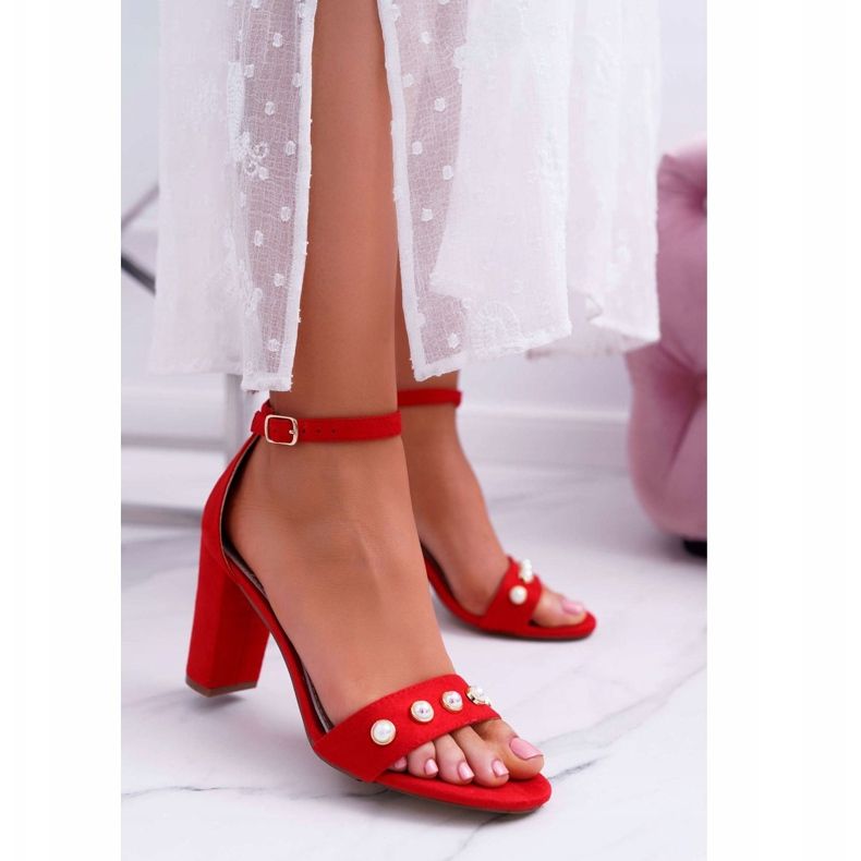 S.Barski Dámské sandály na podpatku s perlami červené Renes 1