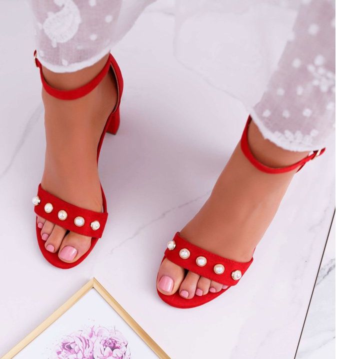 S.Barski Dámské sandály na podpatku s perlami červené Renes 2