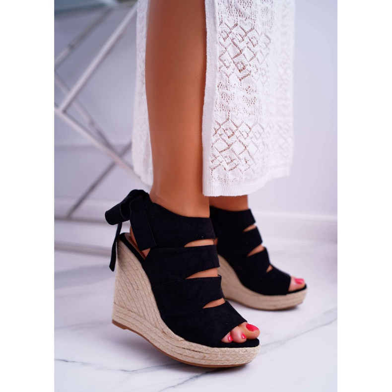 FRJ Dámské sandály na lněném klínu svázané s černým kantarem černá 1