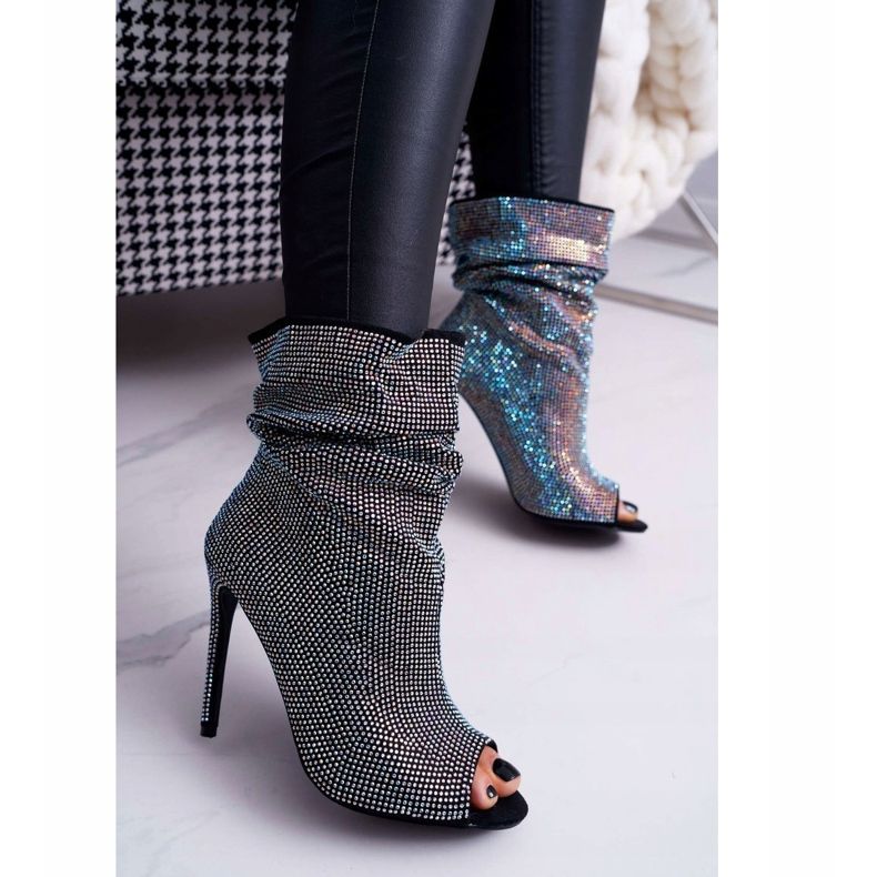 Dámské boty na vysokém podpatku Lu Boo kamínky černé pásky černá 2