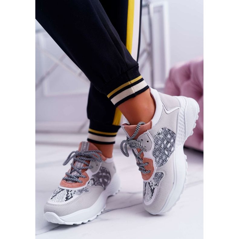 NFR Dámské sportovní boty na vysokém podpatku růžové hadí kůže Chillout růžový šedá 2