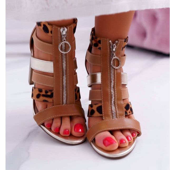 FE1 Dámské sandály na podpatku Elegantní zip na přední straně Rahel hnědý 2