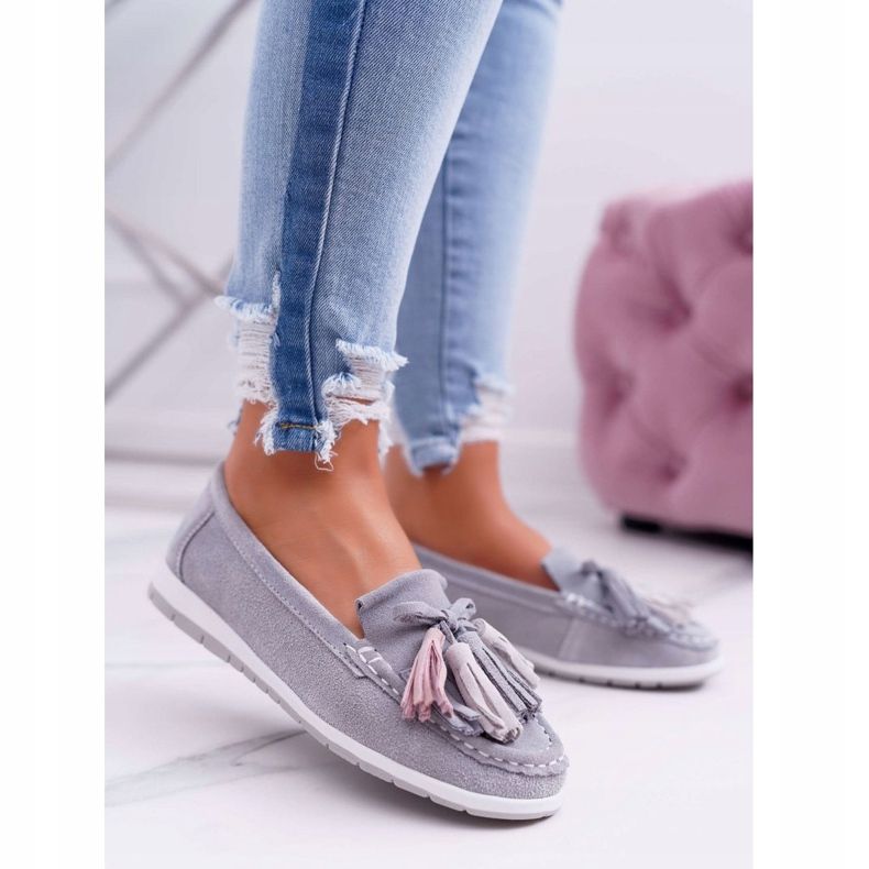 EVE Dámské mokasíny, semišová kůže s třásněmi, šedý batist šedá 1