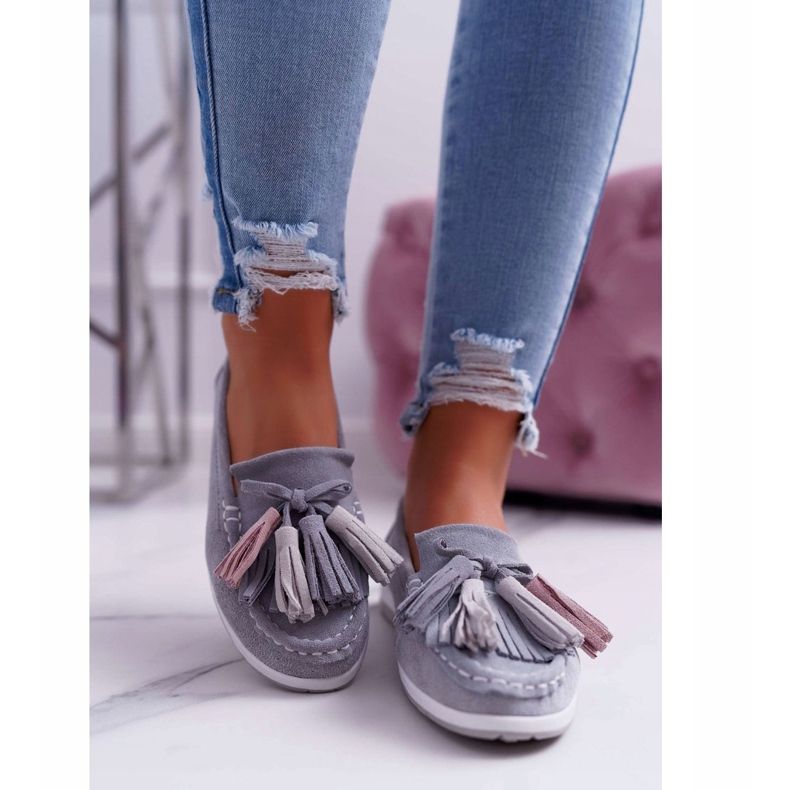 EVE Dámské mokasíny, semišová kůže s třásněmi, šedý batist šedá 2