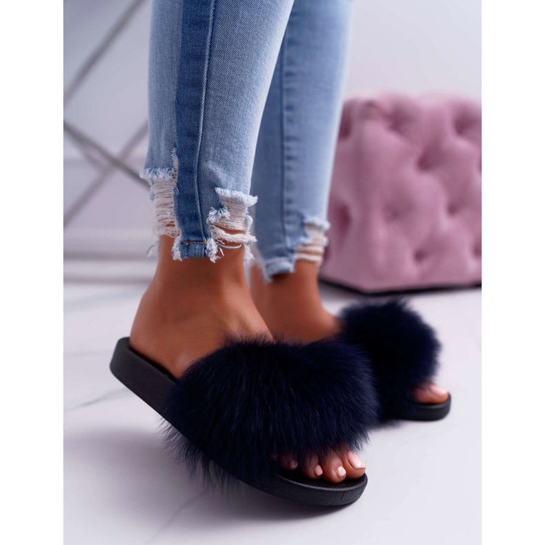 Dámské pantofle s přírodní kožešinou Naturis Navy Blue námořnická modř 1