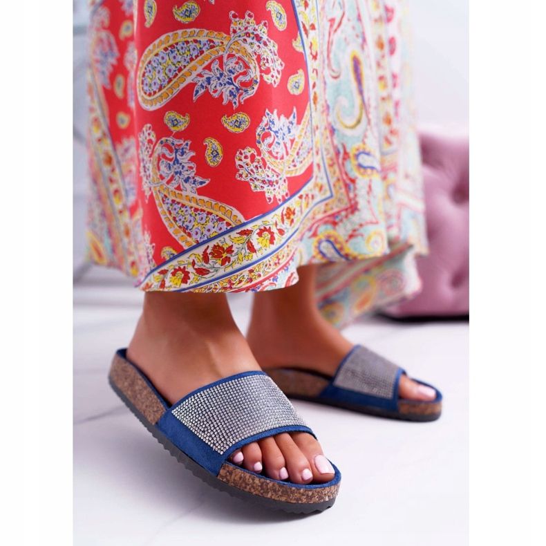 PS1 Dámské pantofle na korku s tmavě modrými krystaly námořnická modrá 1