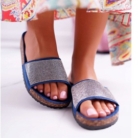 PS1 Dámské pantofle na korku s tmavě modrými krystaly námořnická modrá 2