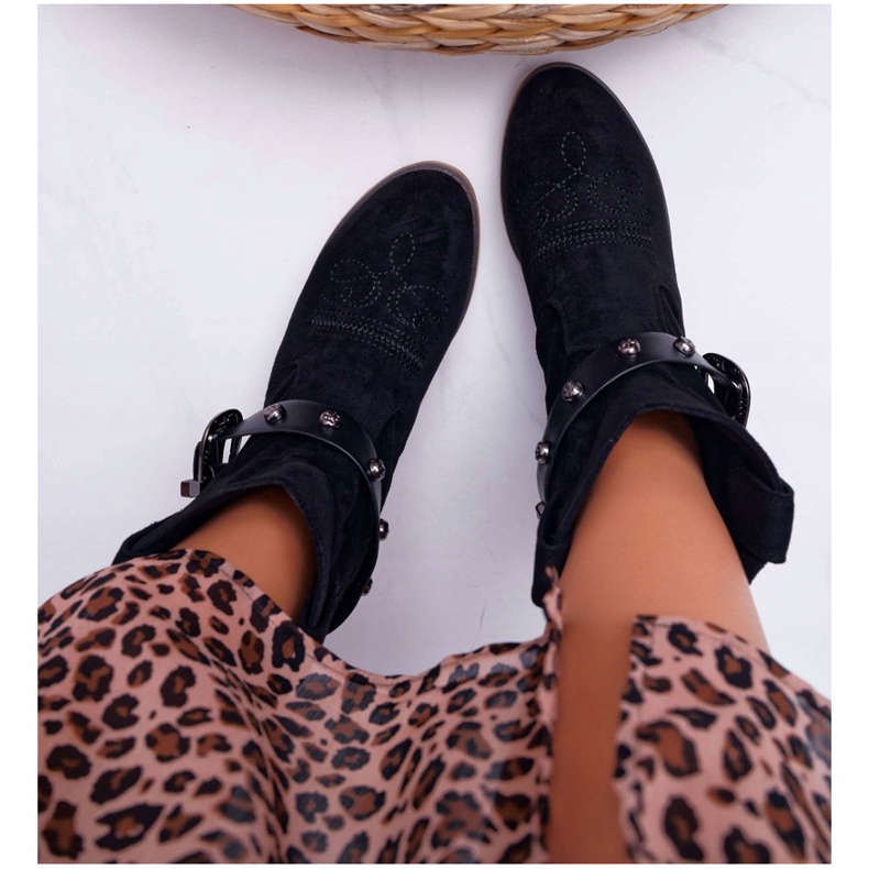 FB2 Dámské kozačky na plochém podpatku, kovbojské boty s přezkou, černou přezkou černá 1