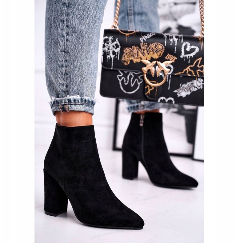 FW1 Dámské kozačky na podpatku semišové černé žraloky černá 1