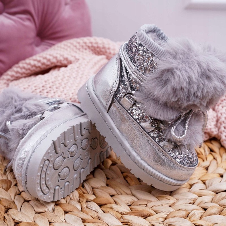 FRROCK Dětské sněhule s kožešinou Silver Minnie Mouse šedá 1