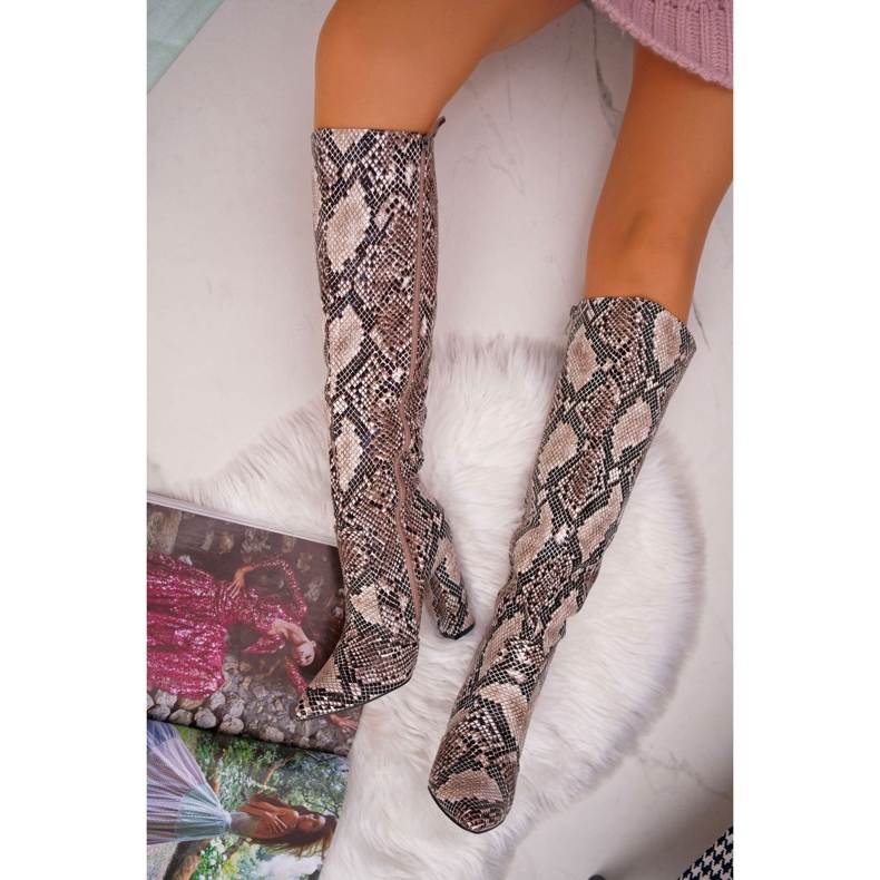 FRGIV Dámské kozačky na vysokém podpatku Hadí kůže Béžová Brouny béžový 1