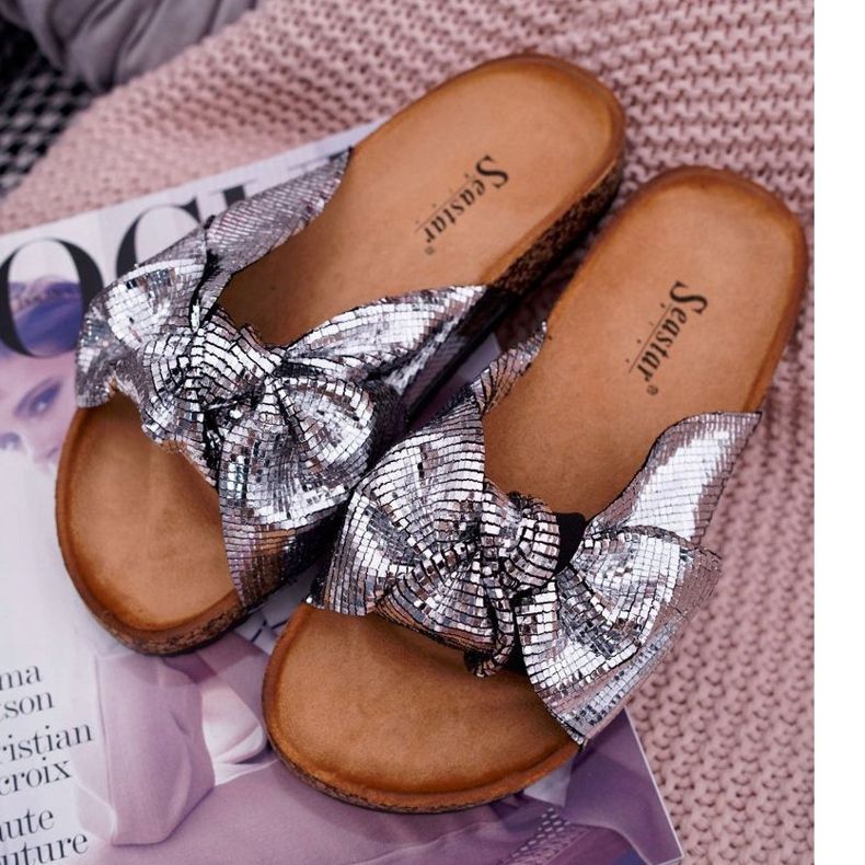 PS1 Dámské pantofle se stříbrnou metalickou mašlí šedá 1