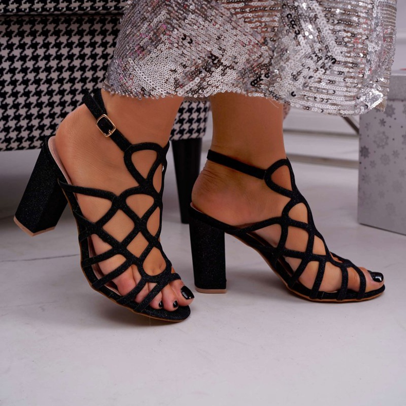 SEA Dámské sandály na podpatku s třpytkami černé Gete černá 2