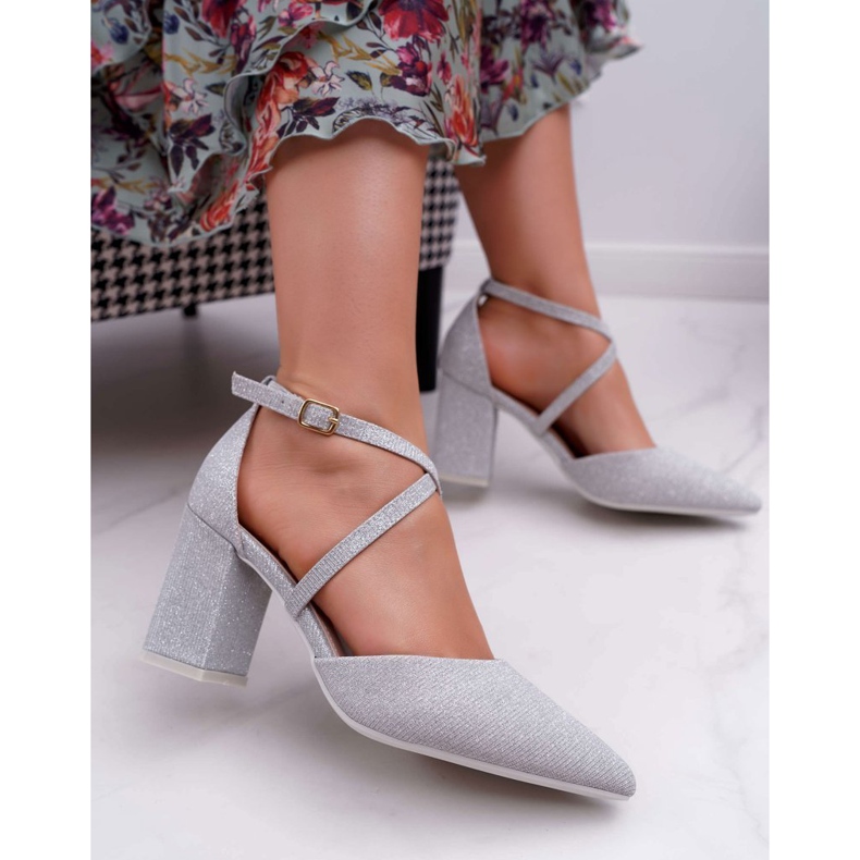 SEA Dámské lodičky na podpatku se třpytivou stříbrnou persetou šedá 1